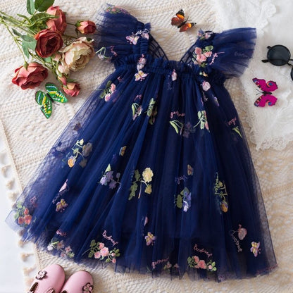 Girls Butterfly Bloom Embroidered Tulle Dress