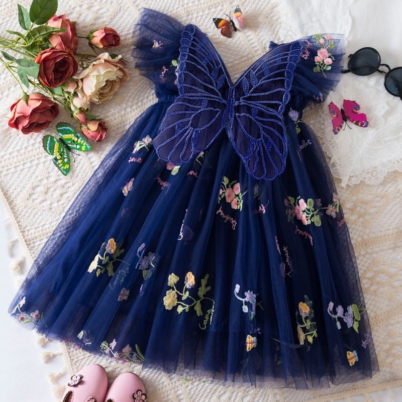 Girls Butterfly Bloom Embroidered Tulle Dress