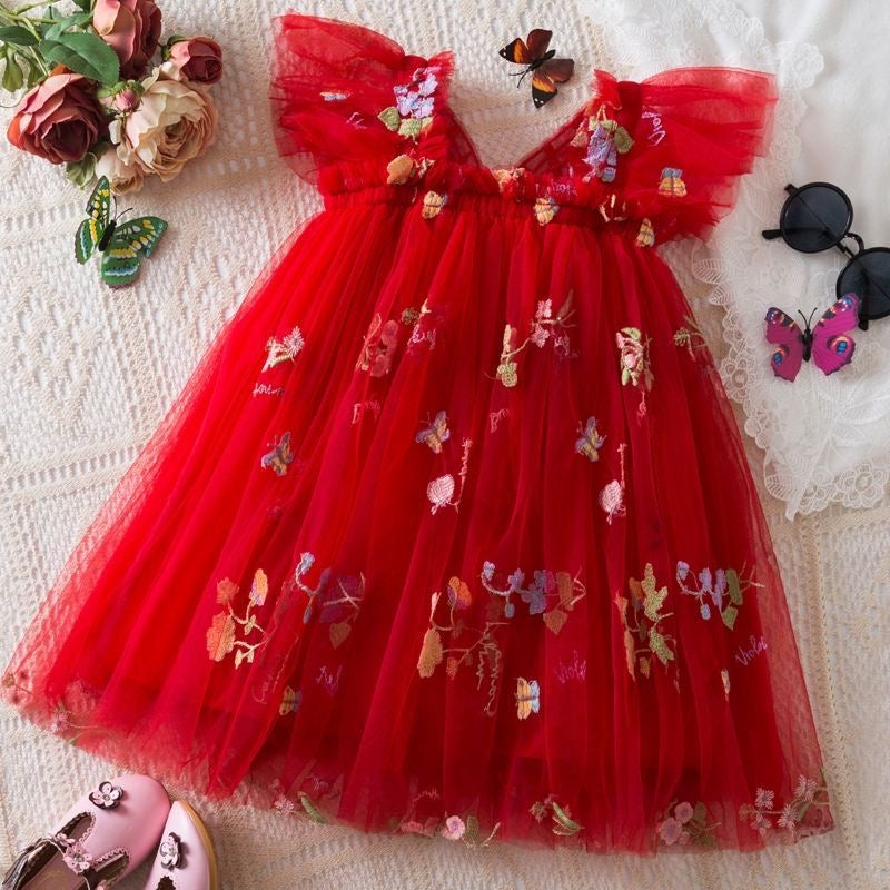 Girls Butterfly Bloom Embroidered Tulle Dress