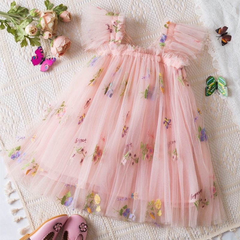 Girls Butterfly Bloom Embroidered Tulle Dress