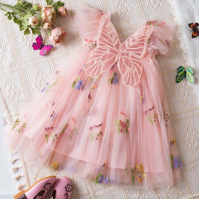 Girls Butterfly Bloom Embroidered Tulle Dress