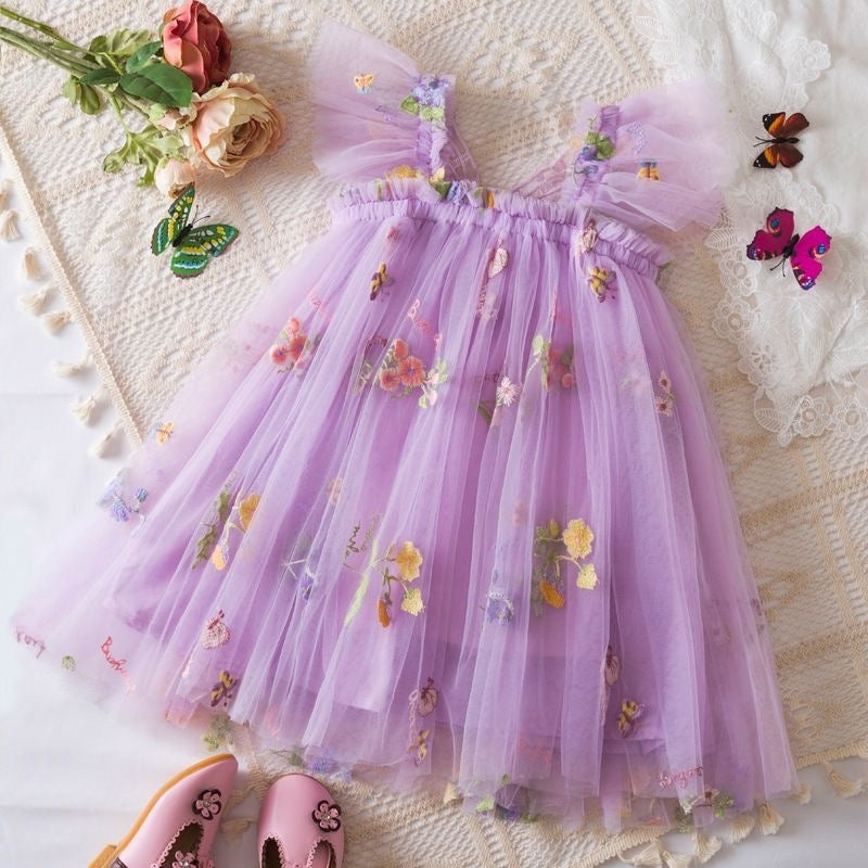 Girls Butterfly Bloom Embroidered Tulle Dress