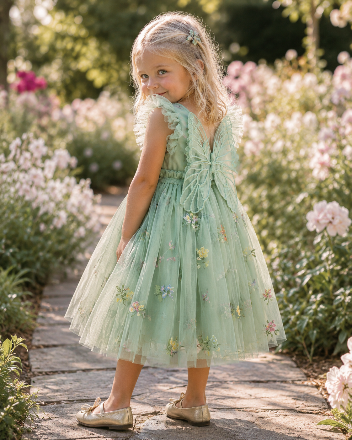 Girls Butterfly Bloom Embroidered Tulle Dress