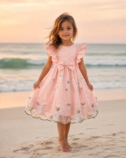 Toddler girl wearing the Lottie Bloom pink floral embroidered tulle dress