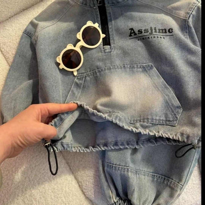 Kids Vintage Washed Denim Set — Half-Zip Jacket + Jogger Pants