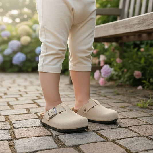 Toddler wearing Rowan Suede Clogs outdoors for casual outfits