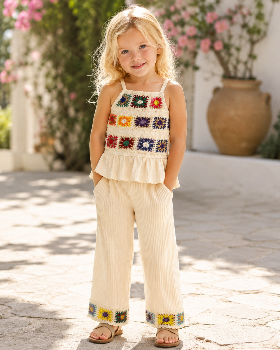 Young girl wearing a colorful crochet top and cream wide-leg pants outdoors