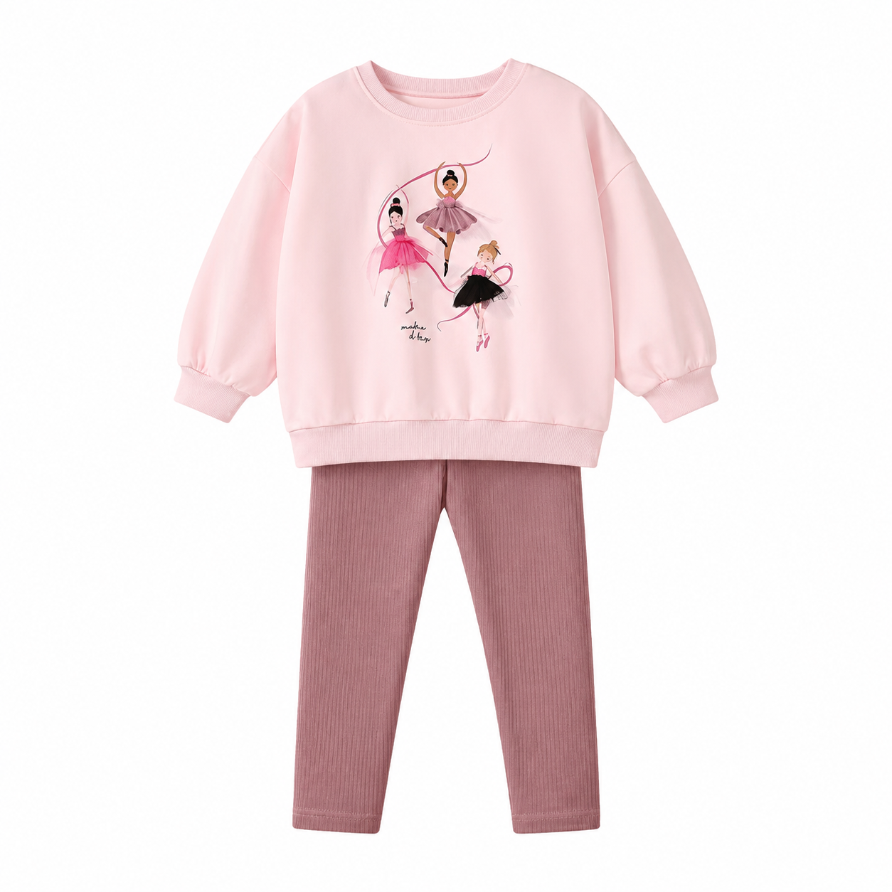 Front flat lay of the pink and mauve girls cotton leggings set with ballerina graphic.