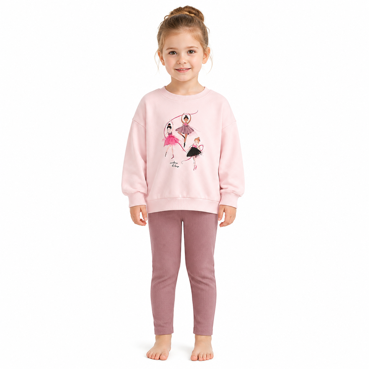 Girl model wearing the pink ballerina top and mauve ribbed leggings set.