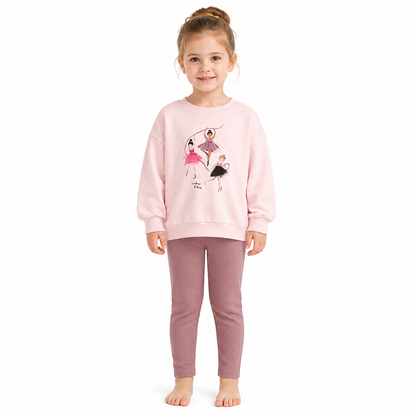 Girl model wearing the pink ballerina top and mauve ribbed leggings set.