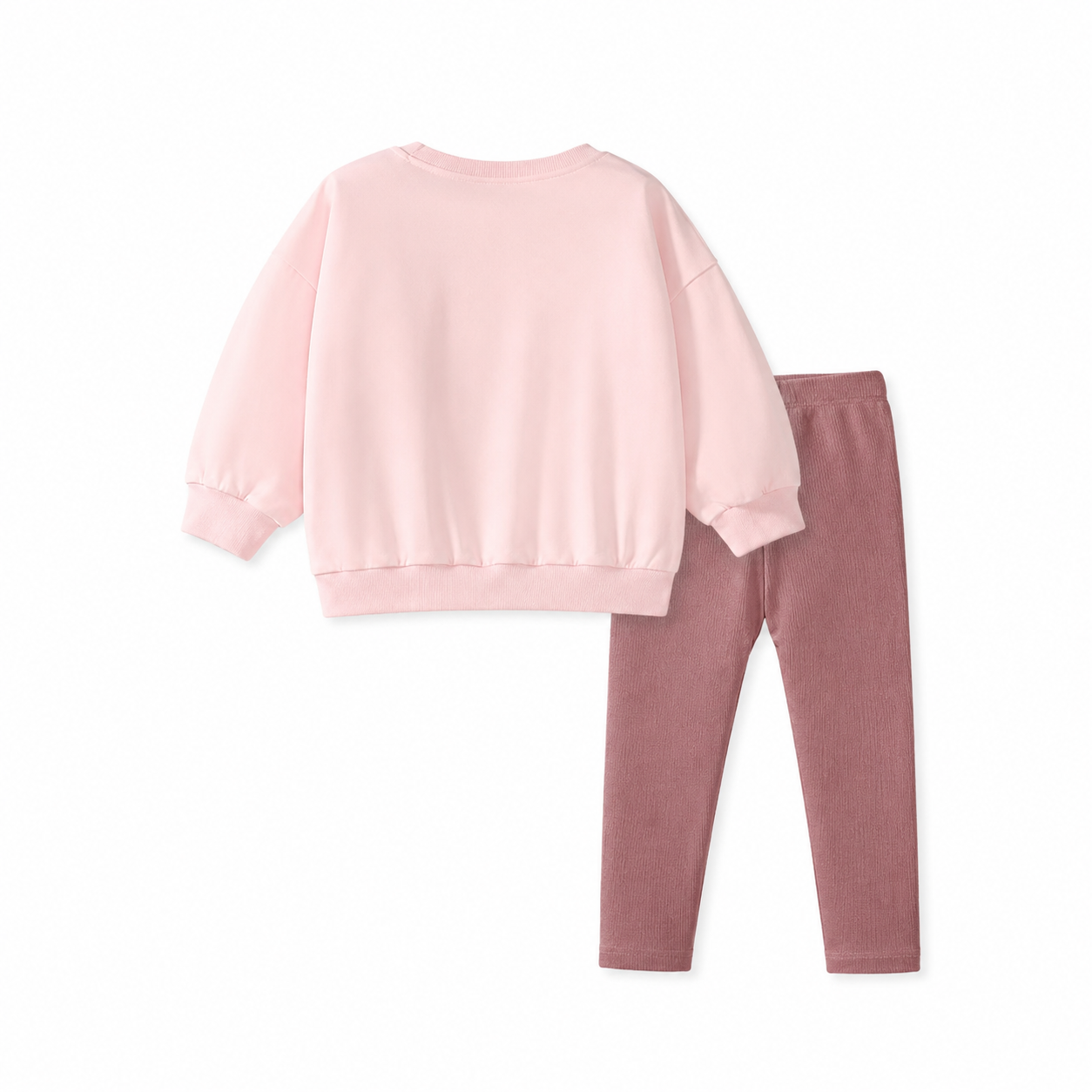 Back flat lay of the pink long sleeve top and mauve leggings set.