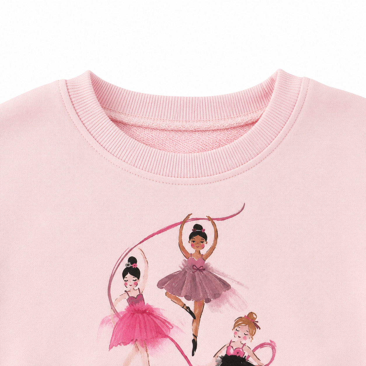 Close-up of the pink crew neckline and ballerina graphic on the girls top.