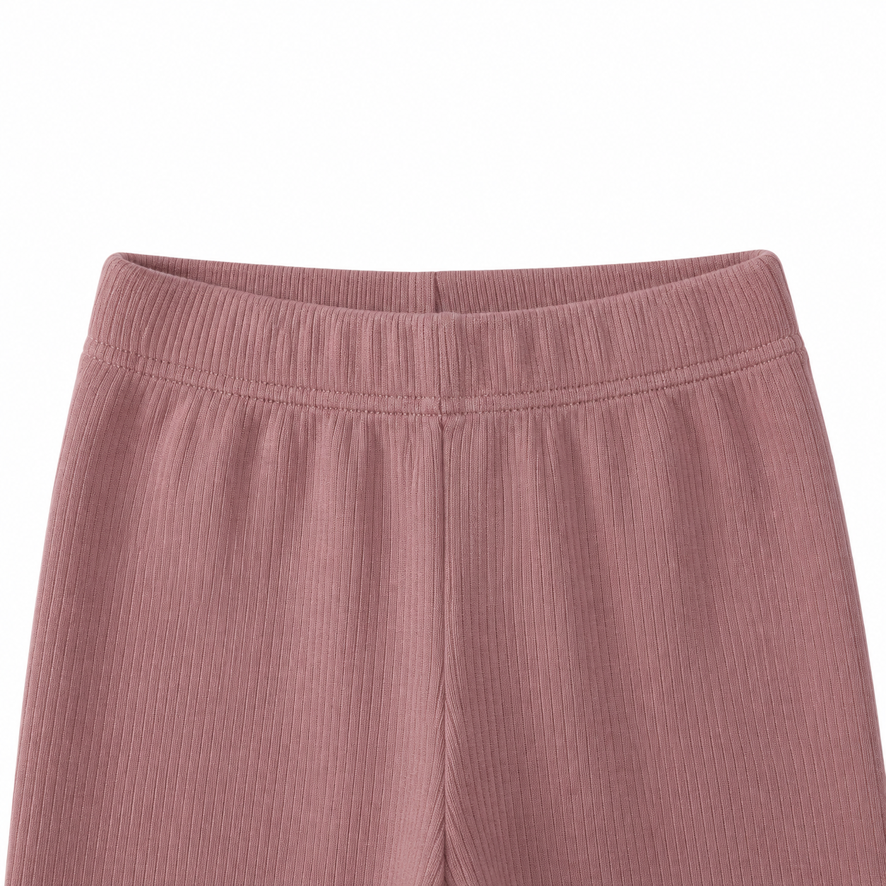 Close-up of the elastic waistband and ribbed texture on the mauve leggings.