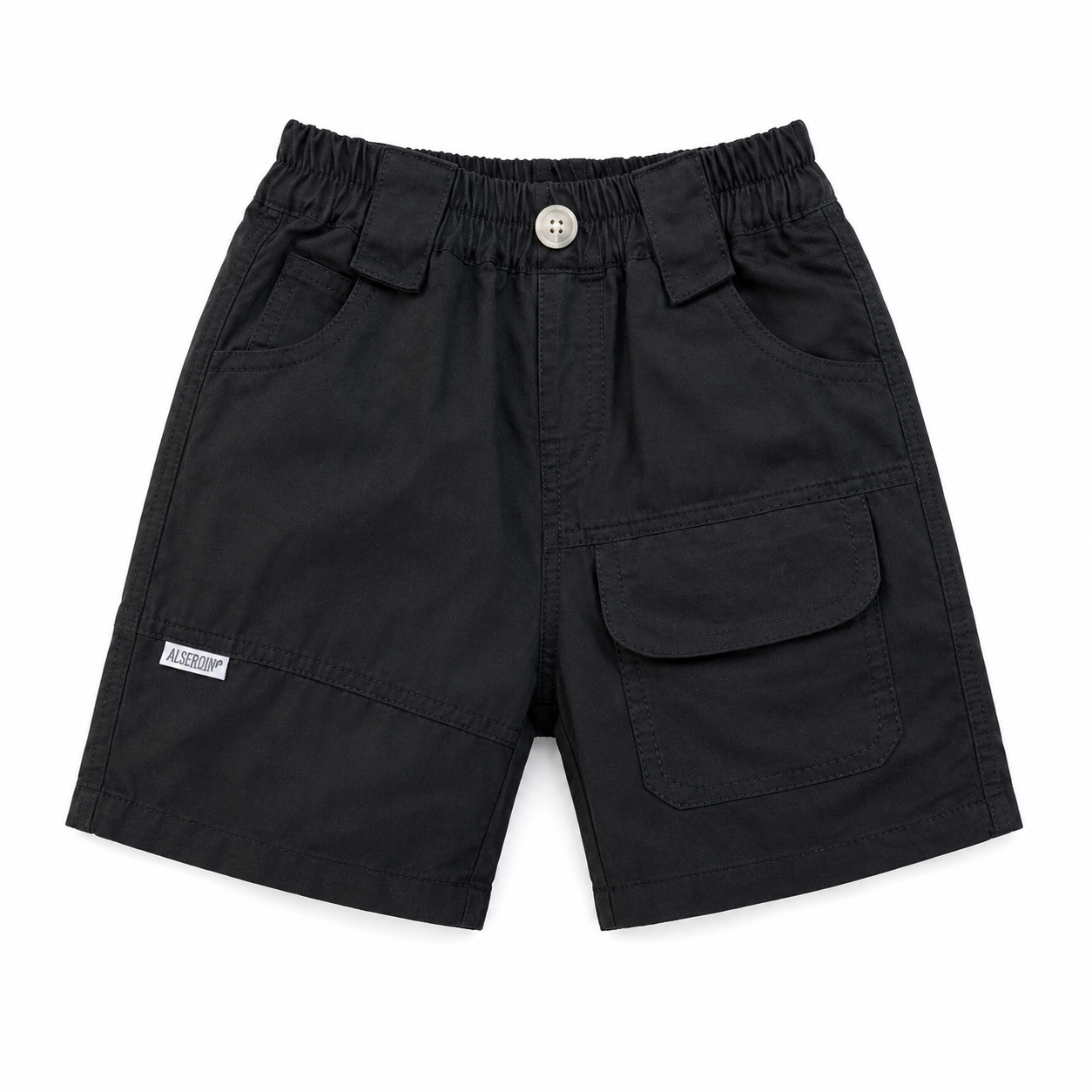 Harbor Trail boys cotton cargo shorts in black, front view with elastic waist and utility pockets
