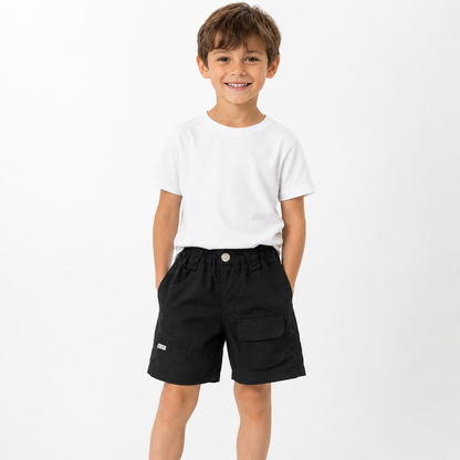 Boy wearing Harbor Trail black cotton cargo shorts with a simple white T-shirt