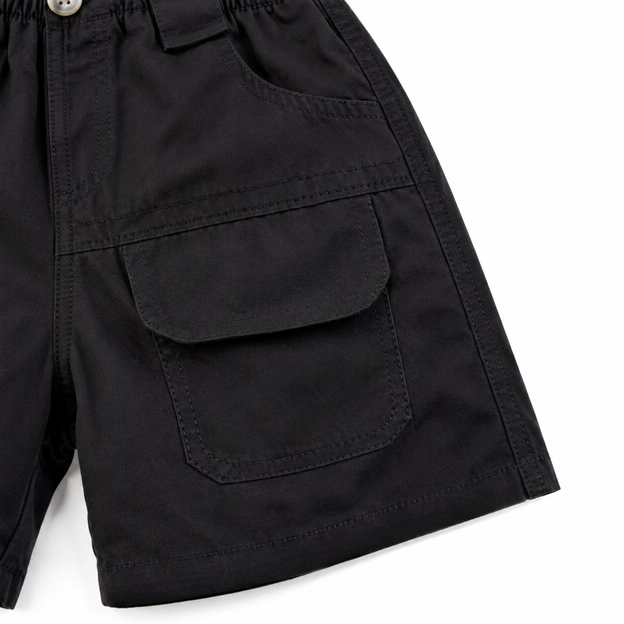 Black kids cargo shorts utility pocket and reinforced stitching detail