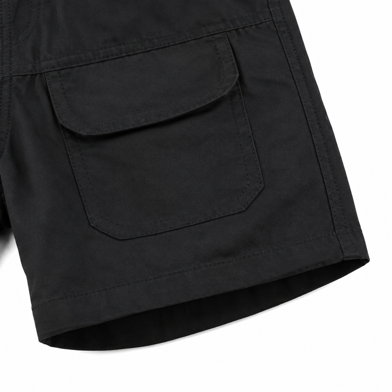 Black cotton shorts back flap pocket, hem and stitching detail