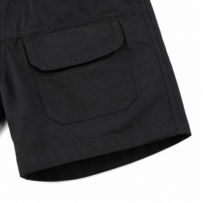 Black cotton shorts back flap pocket, hem and stitching detail