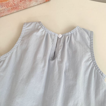 Close-up of the Bluebell Lace Set back button closure on the light blue top.