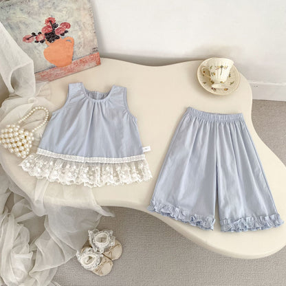 Bluebell Lace Set in light blue featuring a sleeveless lace-trim top and matching wide-leg pants.