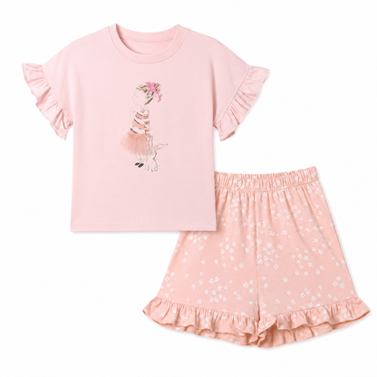 Front flat lay of the blush pink girls cotton ruffle shorts set with floral shorts.