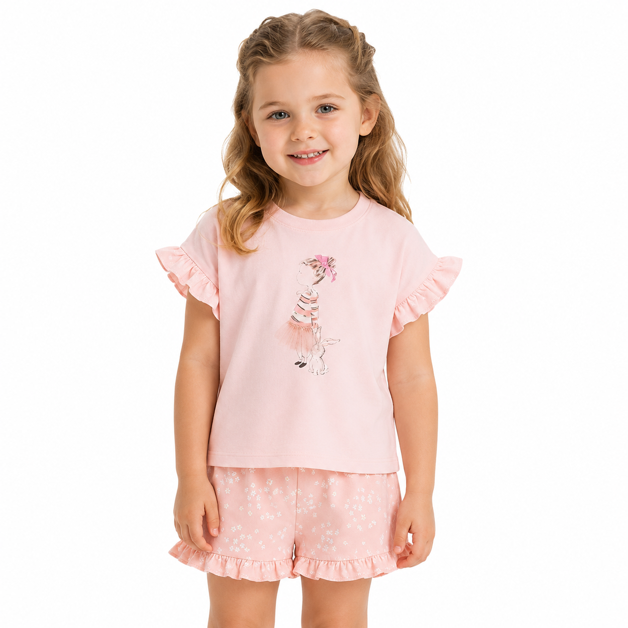 Girl model wearing the blush pink cotton T-shirt and floral ruffle shorts set.