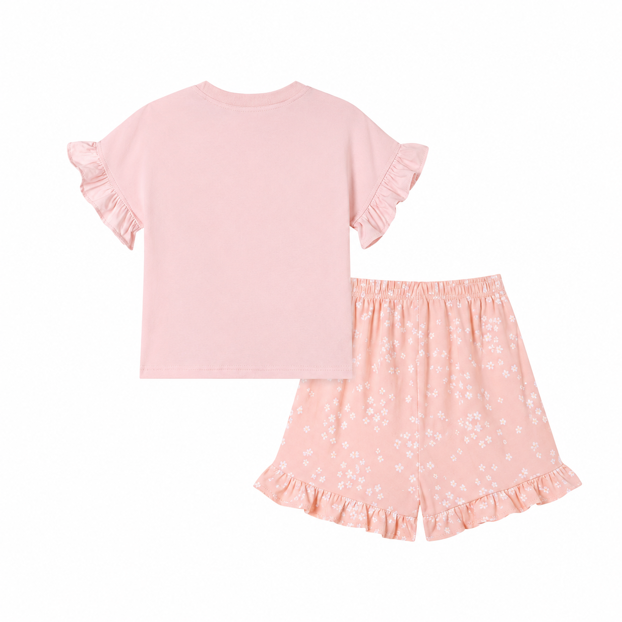 Back flat lay of the blush pink girls two piece shorts set.