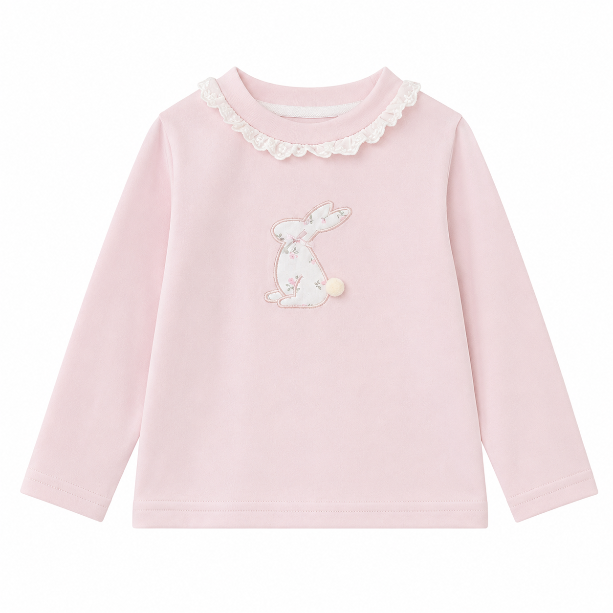 Front flat lay of the Blush Pink girls cotton long sleeve top with ruffle collar and bunny embroidery with a small pom-pom tail detail on a white background.