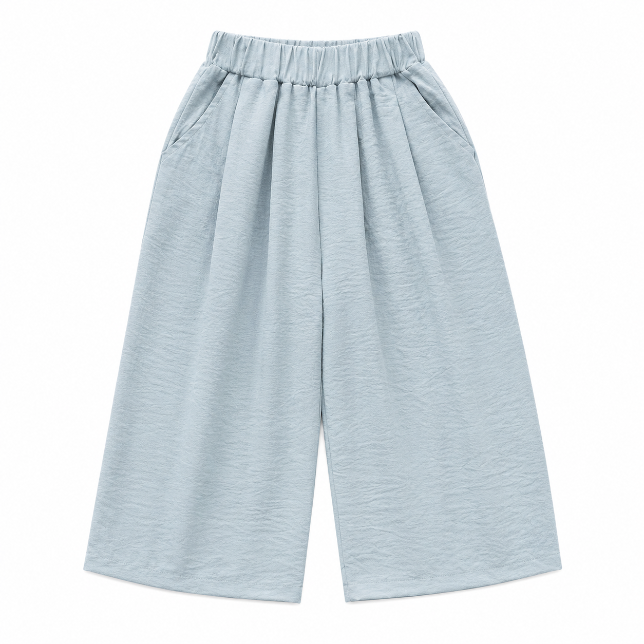 Front flat lay of the dusty blue girls wide-leg culotte pants.