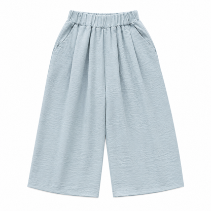 Front flat lay of the dusty blue girls wide-leg culotte pants.
