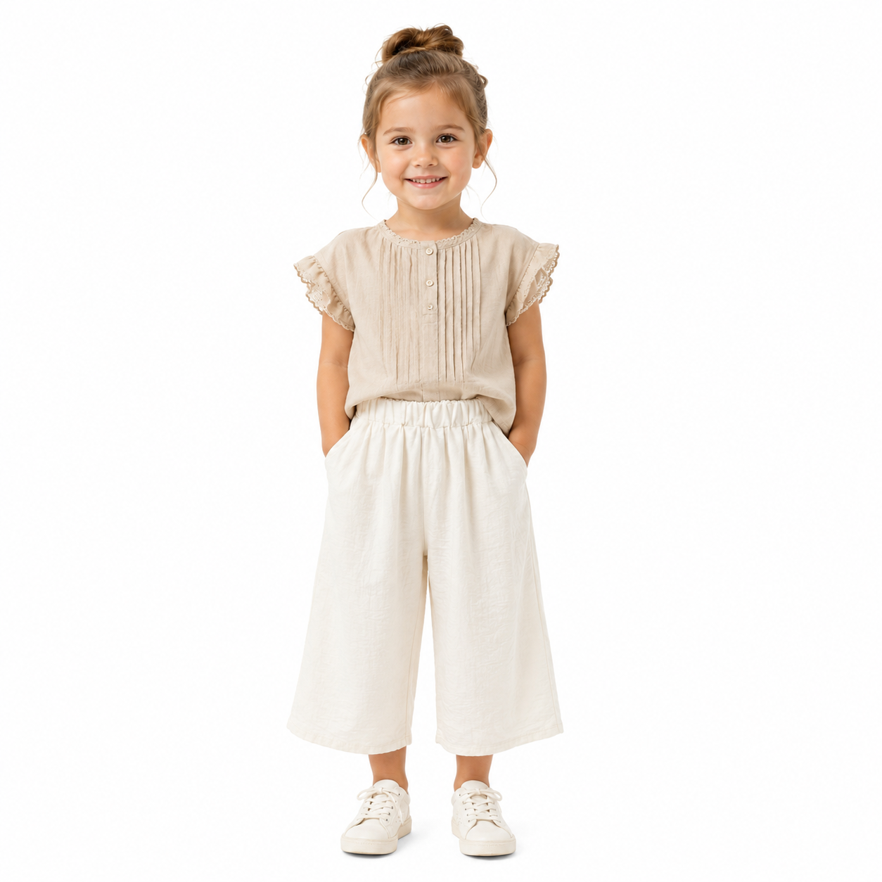 Girl model wearing the ivory wide-leg culotte pants.
