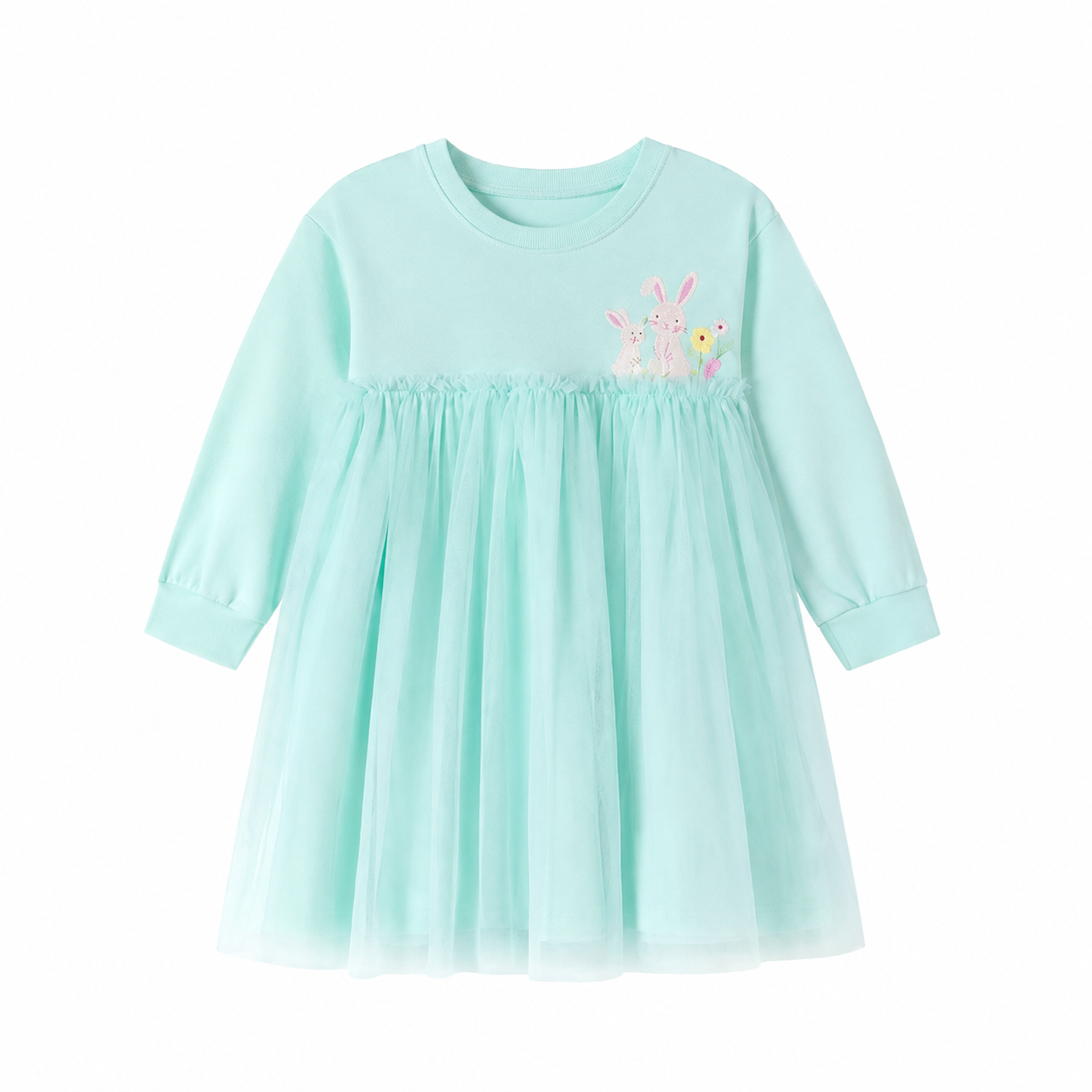 Front flat lay of the mint green girls long sleeve tulle dress with bunny embroidery.