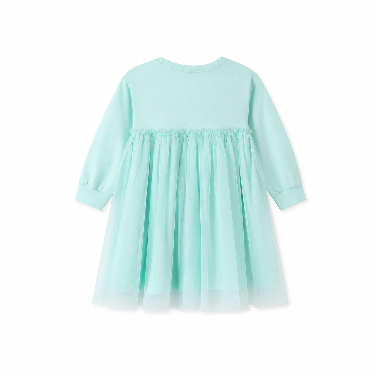 Back flat lay of the mint green girls long sleeve tulle dress.