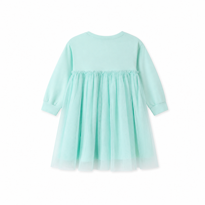 Back flat lay of the mint green girls long sleeve tulle dress.