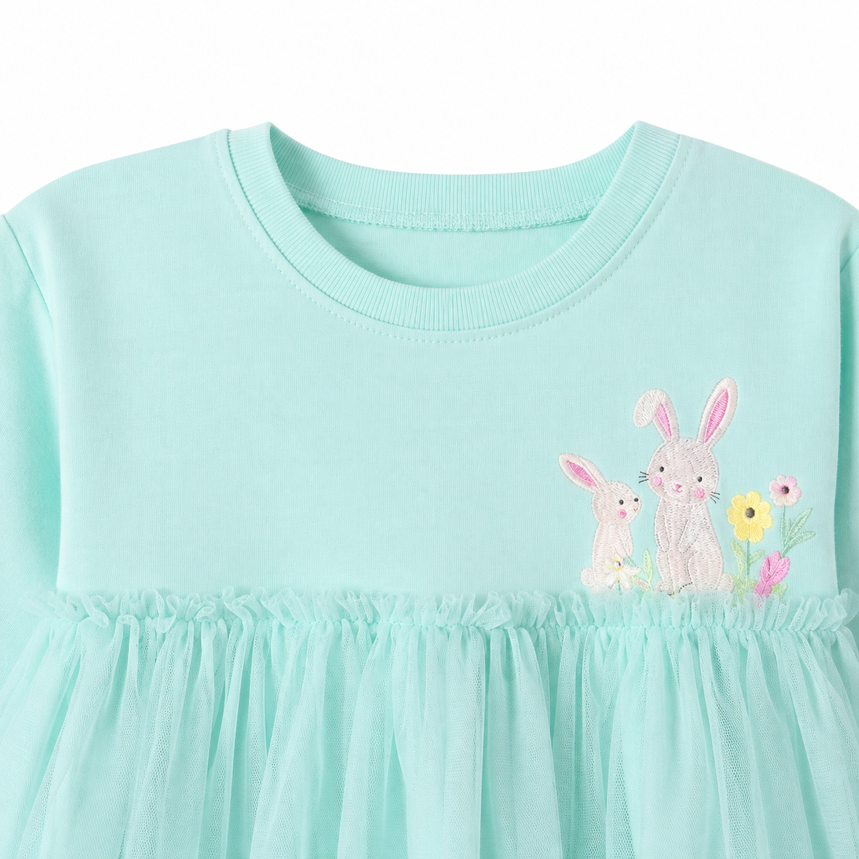 Close-up of the neckline and gathered bodice on the mint green girls dress.