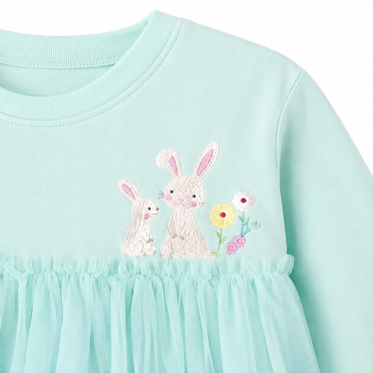 Close-up of the bunny and floral embroidery on the mint green girls dress.