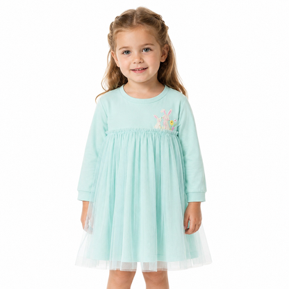 Girl model wearing the Mint Green bunny embroidered tulle dress for photos and parties.