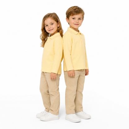 Girl and boy models wearing the butter yellow kids long sleeve polo shirt.