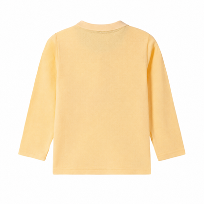 Back flat lay of the butter yellow kids long sleeve polo shirt.