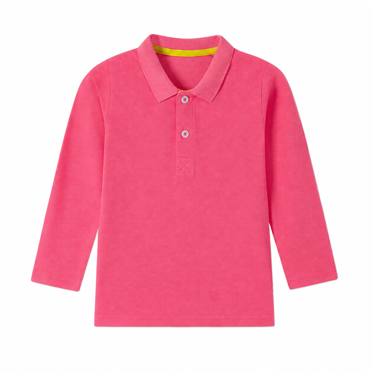 Front flat lay of the hot pink kids long sleeve polo shirt.