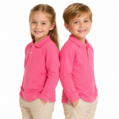 Girl and boy models wearing the hot pink kids long sleeve polo shirt.