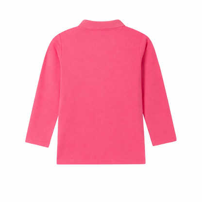 Back flat lay of the hot pink kids long sleeve polo shirt.