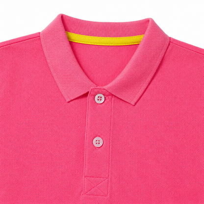 Close-up of the polo collar and two-button placket on the hot pink kids shirt.