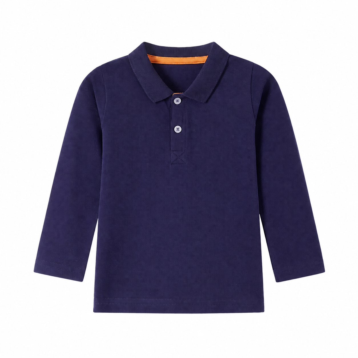 Front flat lay of the navy kids long sleeve polo shirt.
