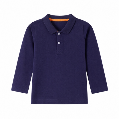 Front flat lay of the navy kids long sleeve polo shirt.