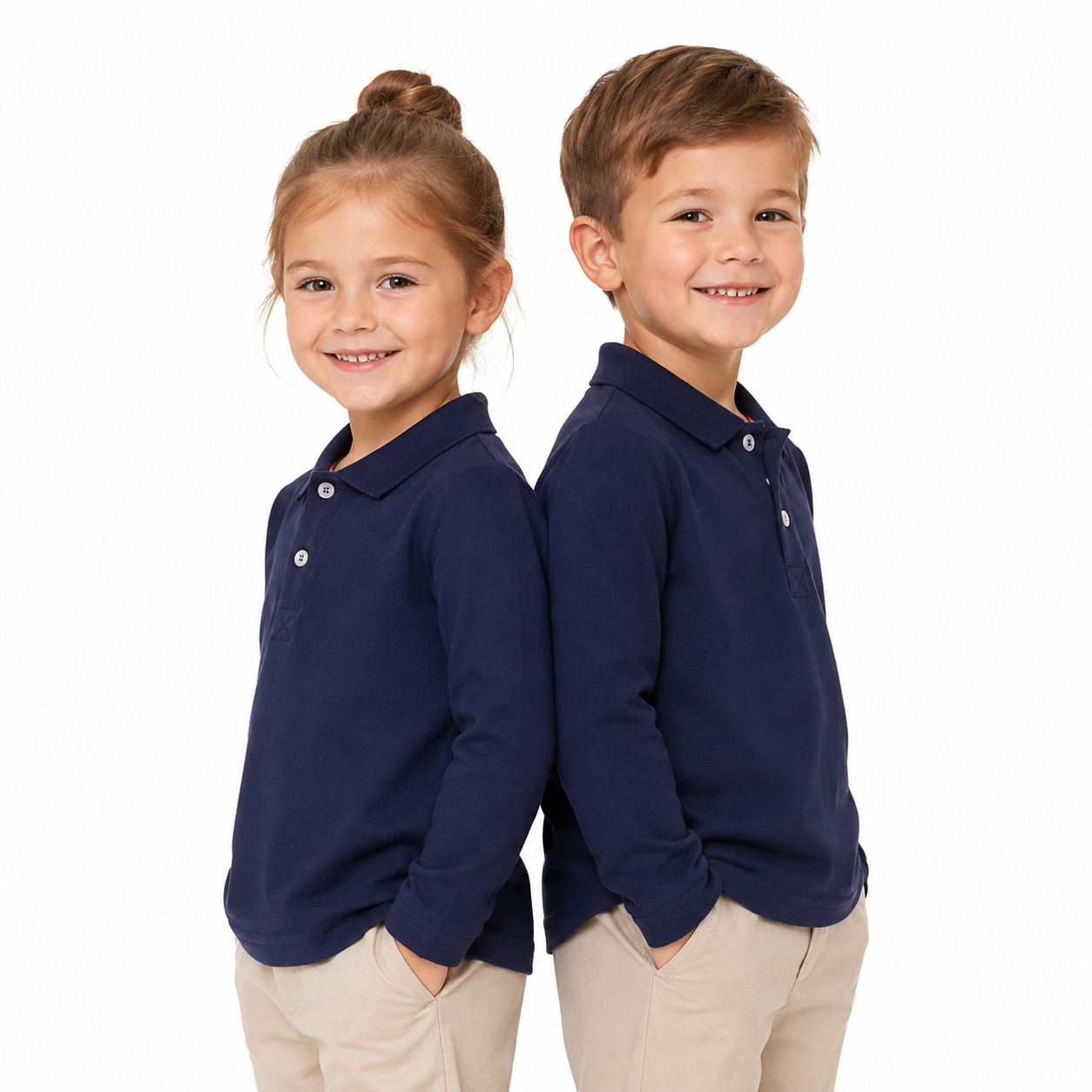 Girl and boy models wearing the navy kids long sleeve polo shirt.