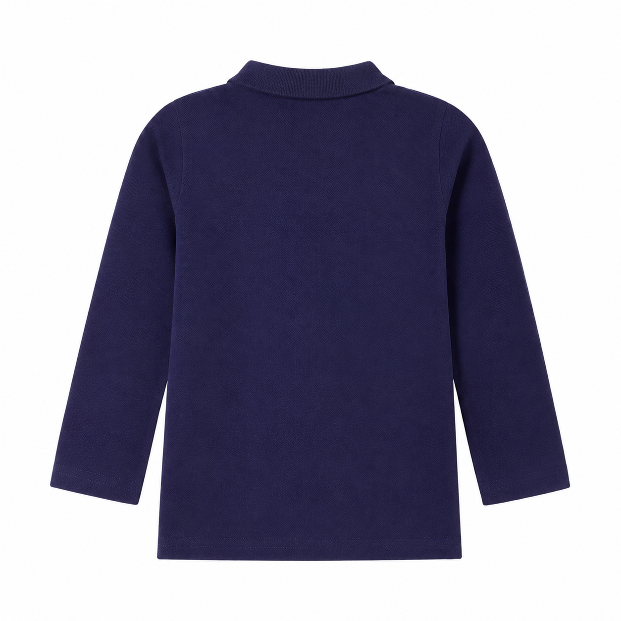 Back flat lay of the navy kids long sleeve polo shirt.