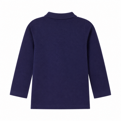 Back flat lay of the navy kids long sleeve polo shirt.