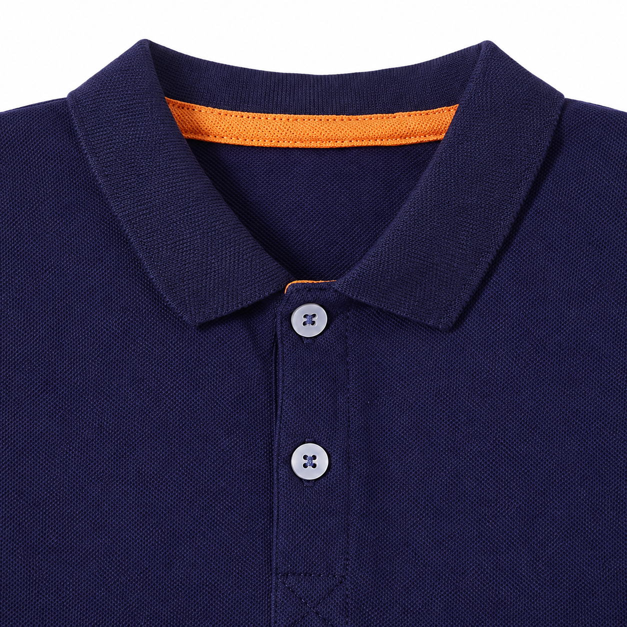 Close-up of the collar and button placket construction on the navy long sleeve polo.