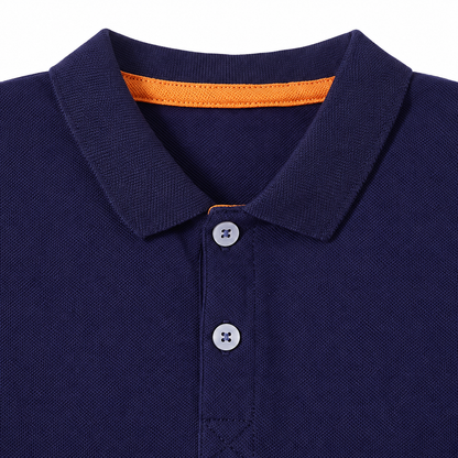 Close-up of the collar and button placket construction on the navy long sleeve polo.